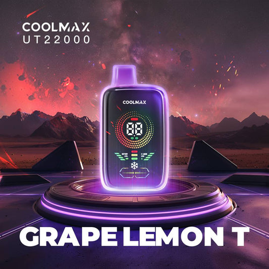 COOLMAX UT22000 Grape Lemon T large disposable vape with big digital display indicating liquid and battery levels.  Power and airflow adjustability.  Veextech Online Store Canada FREE shipping