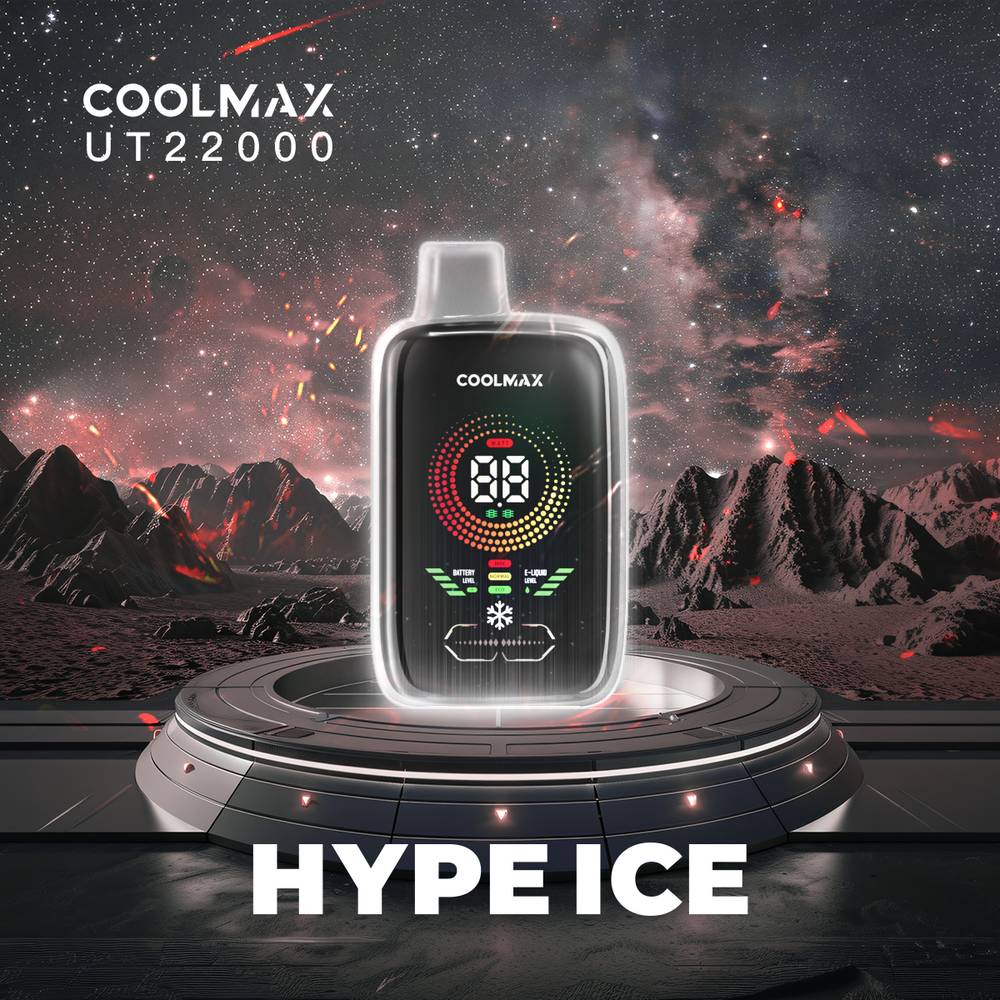 COOLMAX UT22000 Hype Ice large disposable vape with big digital display indicating liquid and battery levels.  Power and airflow adjustability.  Veextech Online Store Canada FREE shipping