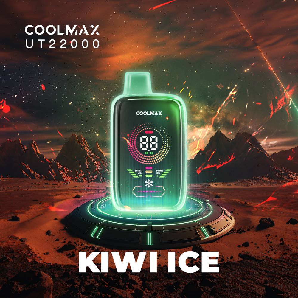 COOLMAX UT22000 Kiwi Ice large disposable vape with big digital display indicating liquid and battery levels.  Power and airflow adjustability.  Veextech Online Store Canada FREE shipping