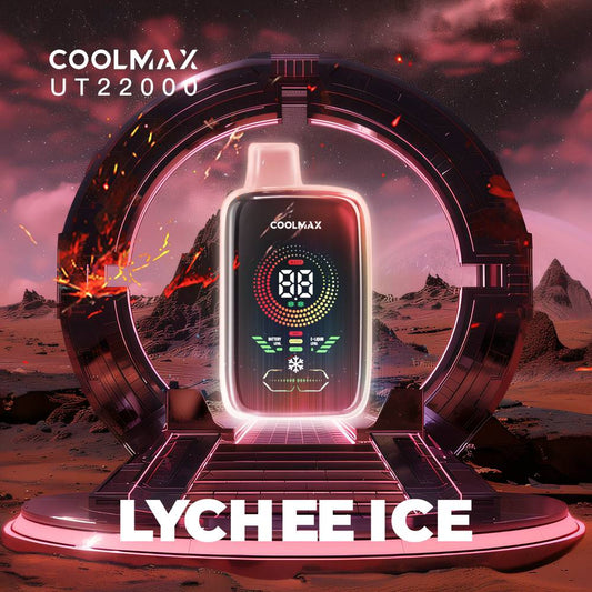 COOLMAX UT22000 Lychee Ice large disposable vape with big digital display indicating liquid and battery levels.  Power and airflow adjustability.  Veextech Online Store Canada FREE shipping