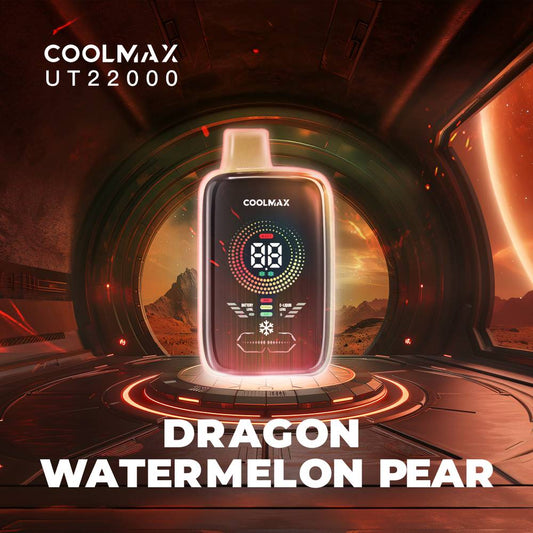 COOLMAX UT22000 Watermelon Pear large disposable vape with big digital display indicating liquid and battery levels.  Power and airflow adjustability.  Veextech Online Store Canada FREE shipping