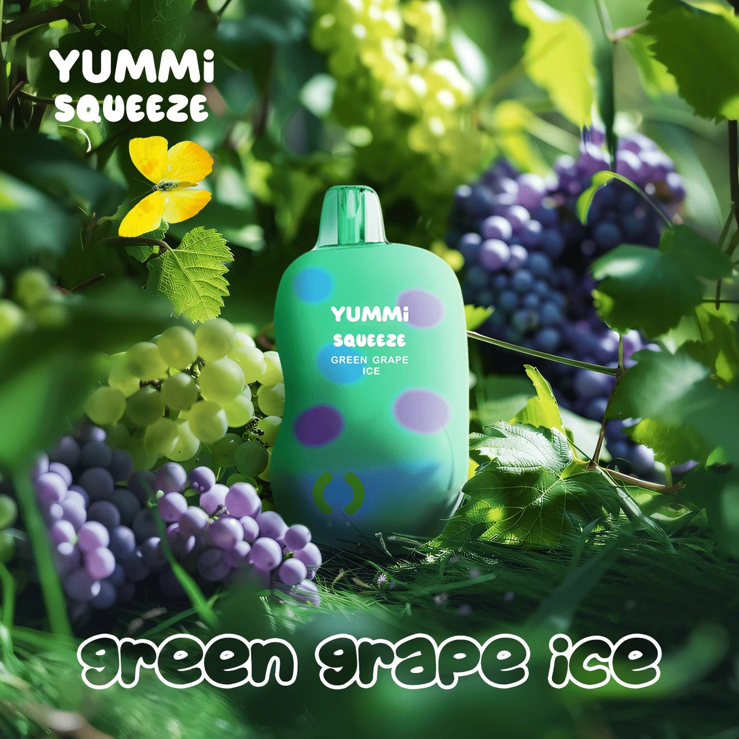 YUMMI Squeeze Green Grape Ice disposable vape with a squeezable soft silicone exterior for stress relief