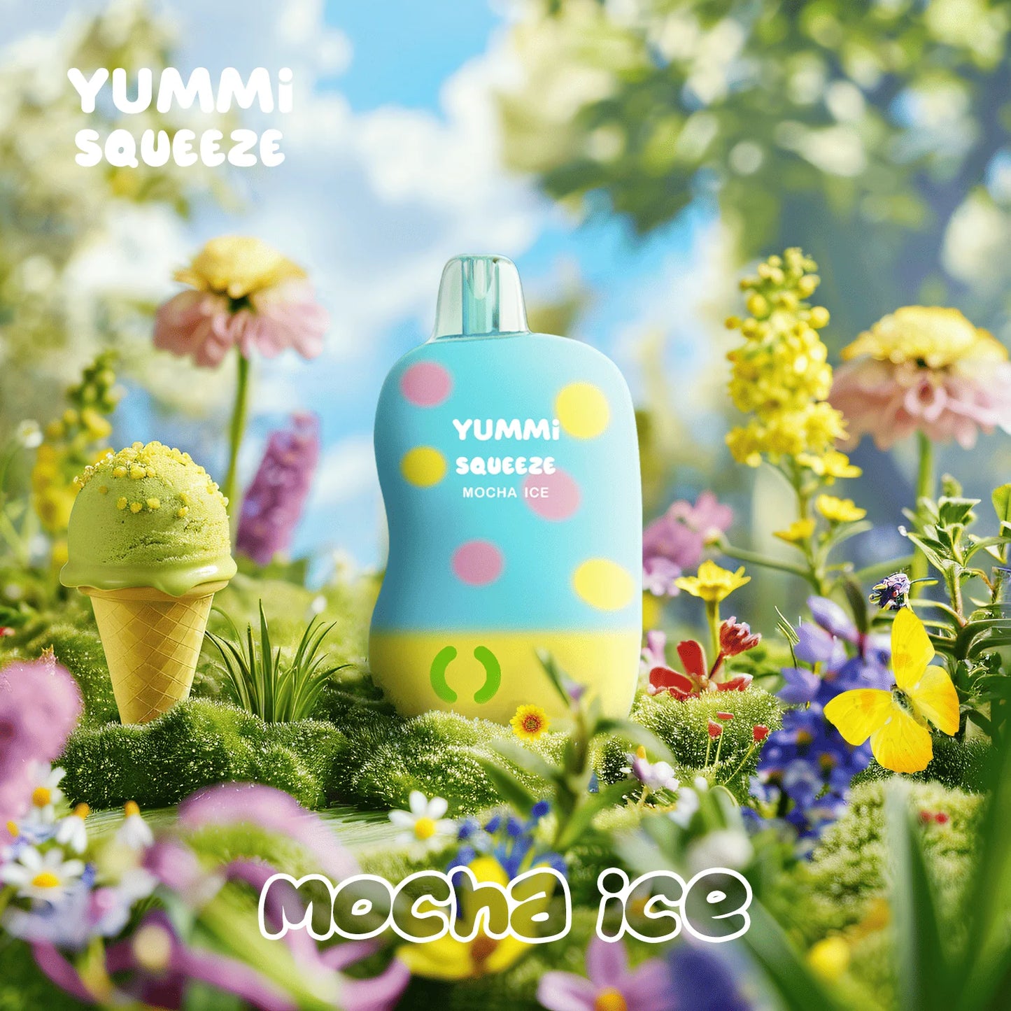 YUMMI Squeeze Mocha Ice disposable vape with a squeezable soft silicone exterior for stress relief