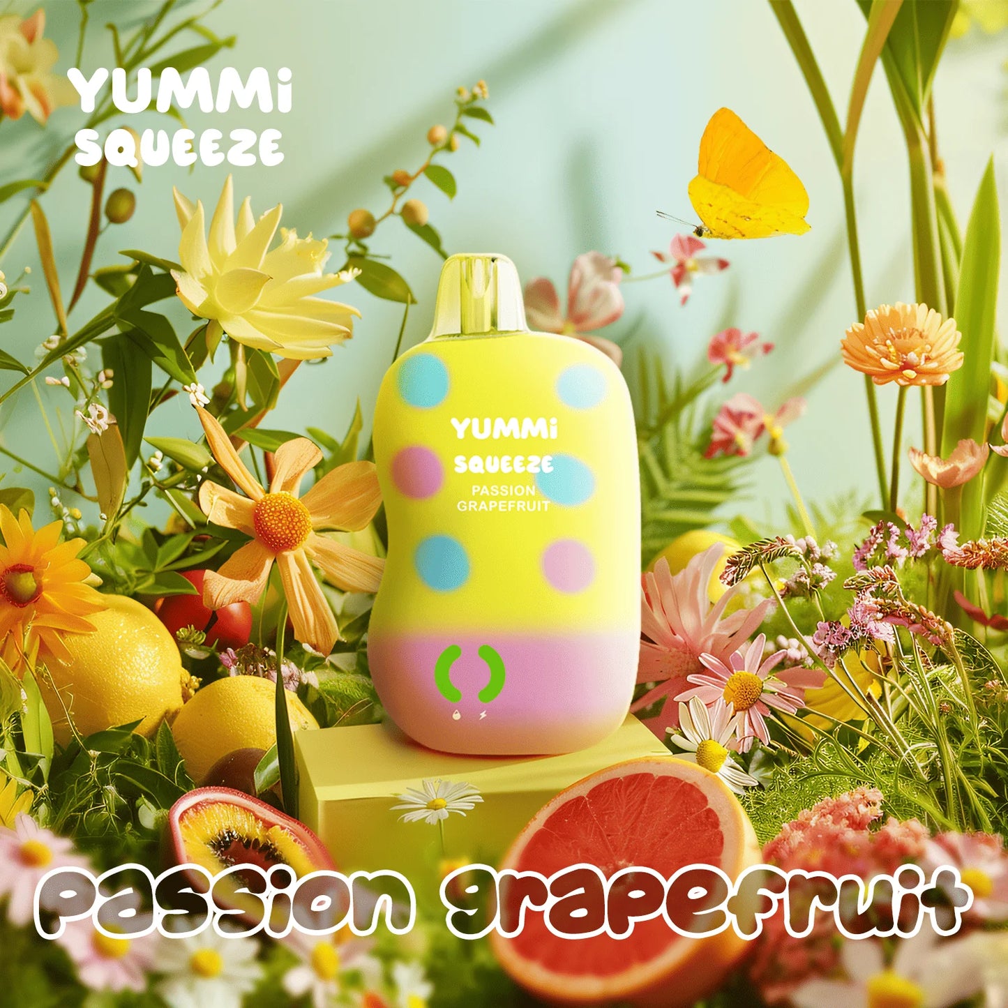 YUMMI Squeeze Passionfruit Grapefruit disposable vape with a squeezable soft silicone exterior for stress relief