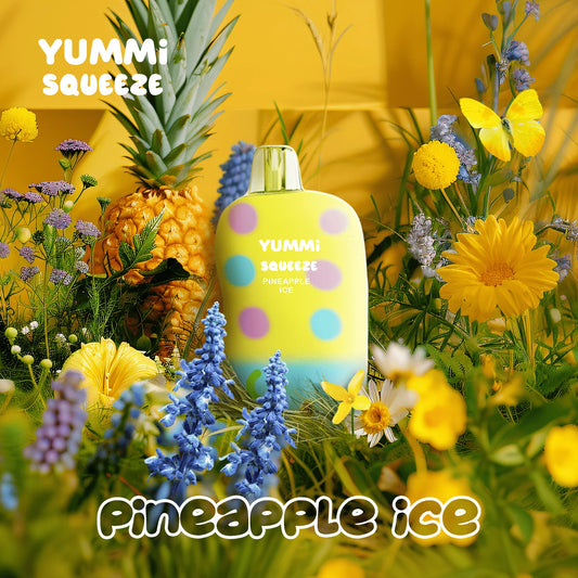 YUMMI Squeeze Pineapple Ice disposable vape with a squeezable soft silicone exterior for stress relief