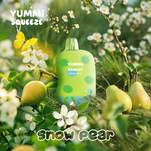 YUMMI Squeeze Snow Pear disposable vape with a squeezable soft silicone exterior for stress relief