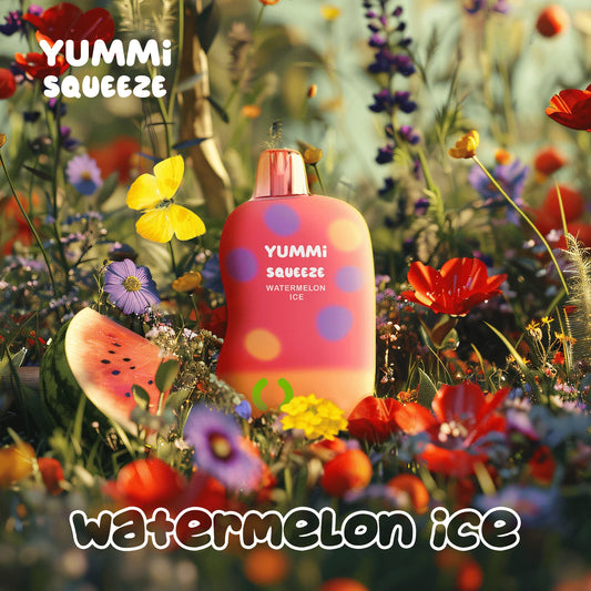 YUMMI Squeeze Watermelon Ice disposable vape with a squeezable soft silicone exterior for stress relief